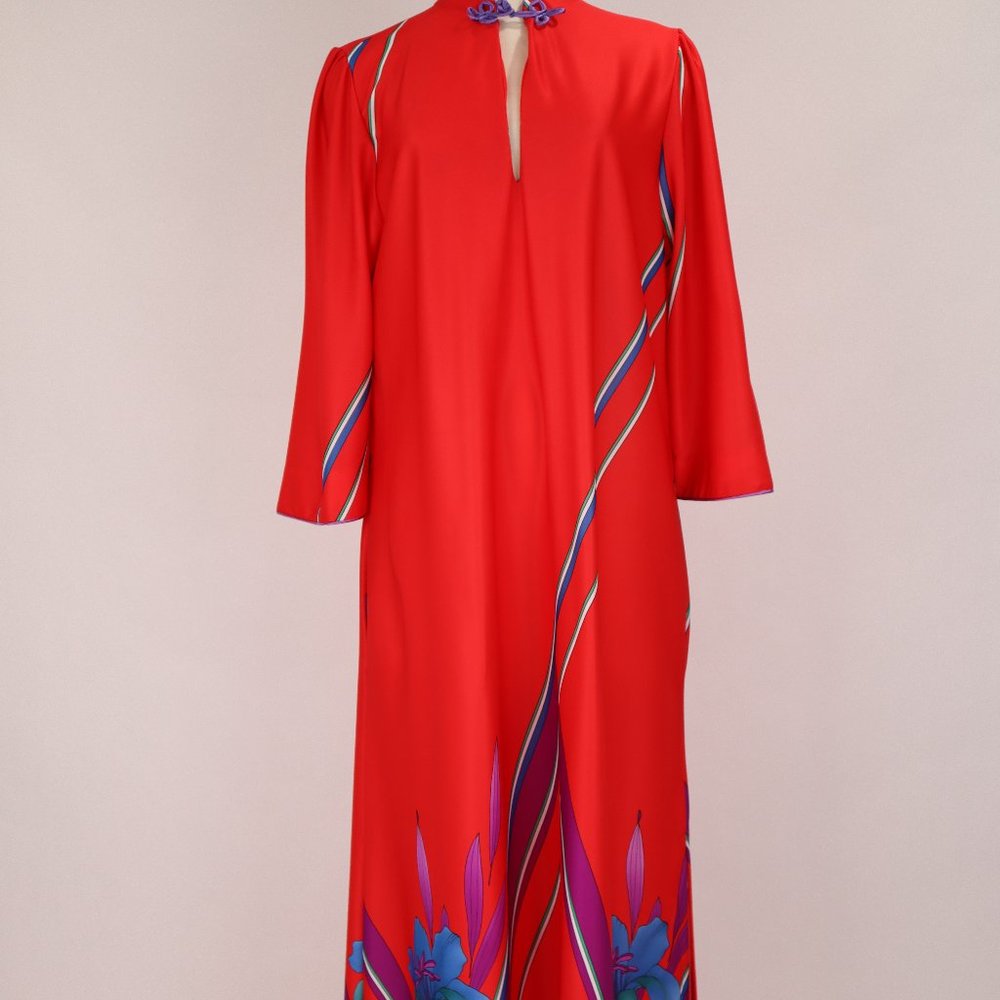 Vtg 70's Lisanne Floral Abstract Red Long Caftan Loungewear Nightgown Robe Asian